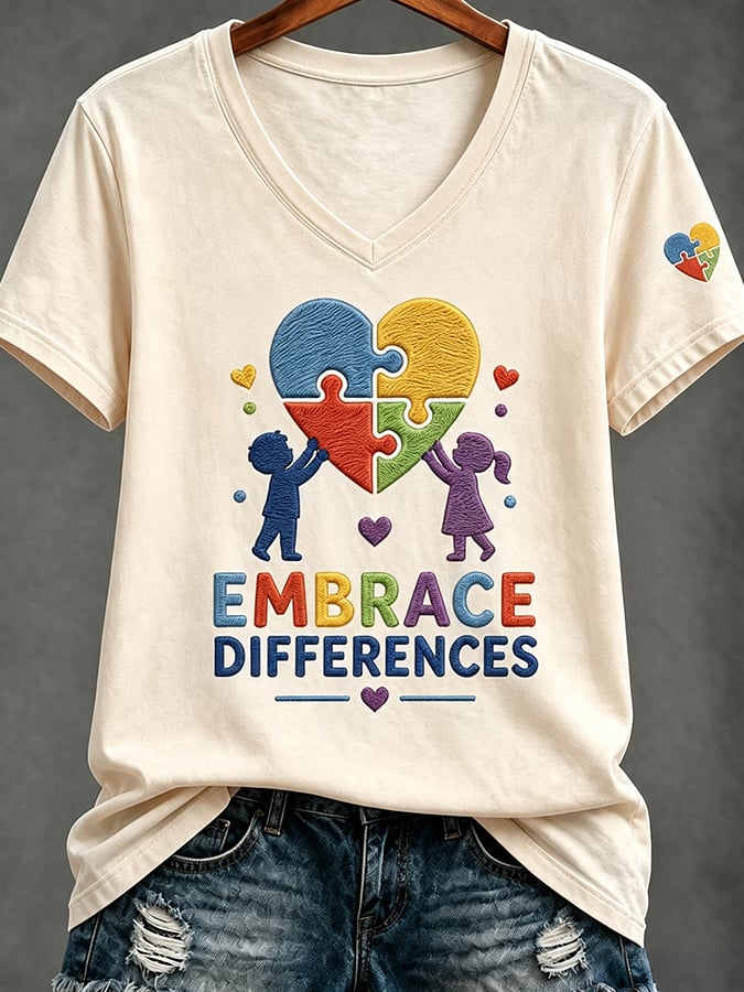 Women'S Casual V-Neck Top With Autism Awareness Print