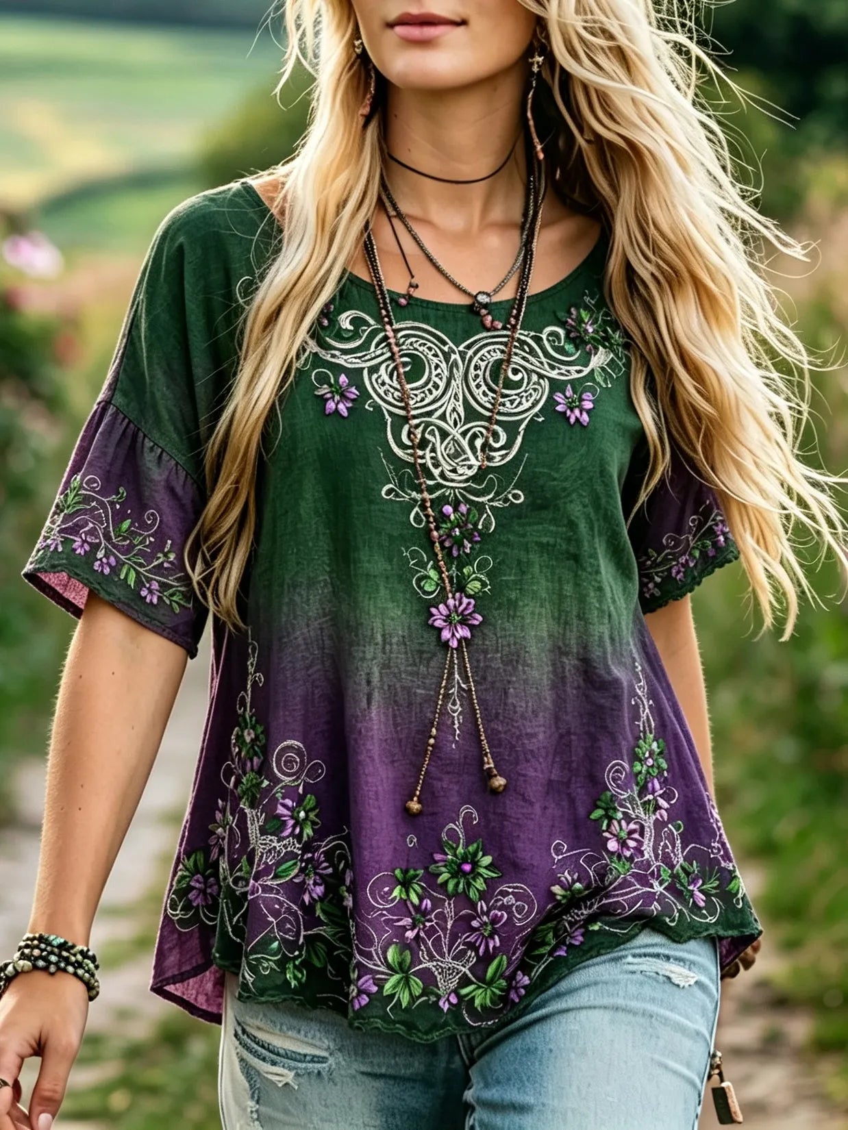 Women's Retro Casual Vacation Gradient Floral Print Cotton Linen Top