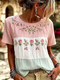 Women's Casual Retro Short-Sleeve Top with Floral Breast Cancer Awareness Print
