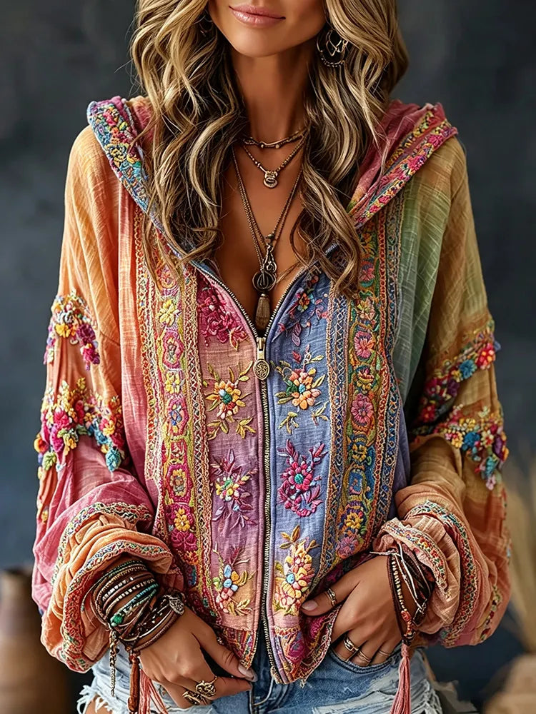 Women's Autumn And Winter Retro Hippie Floral Art Flowy Linen Blend Hooded Zipper Tops