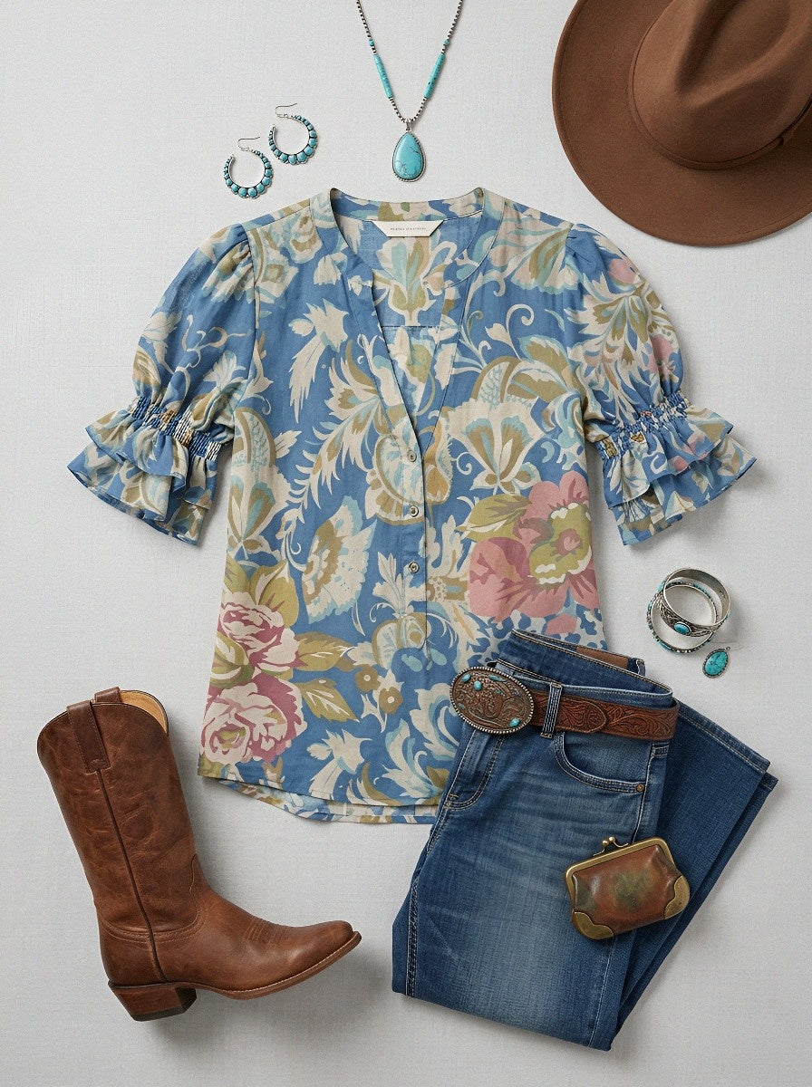 Women's Western Vintage Floral Paisley Printed Ruffle Sleeve Top