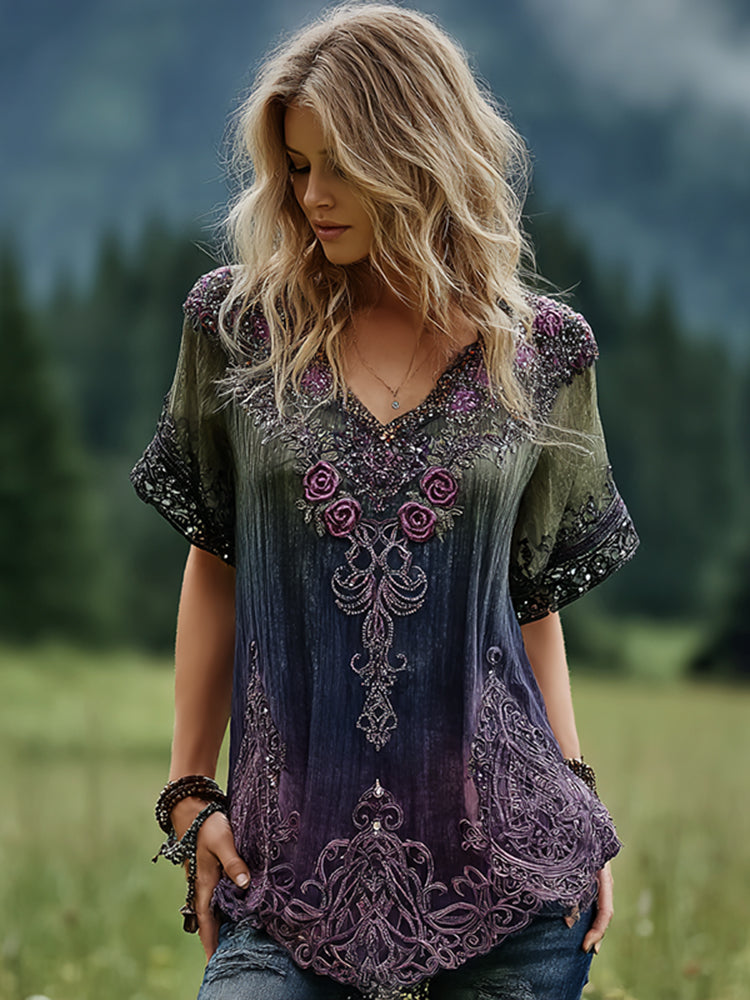 Women's Vintage Romantic Celtic Knot With Floral Art Linen Blend  V Neck T-shirt