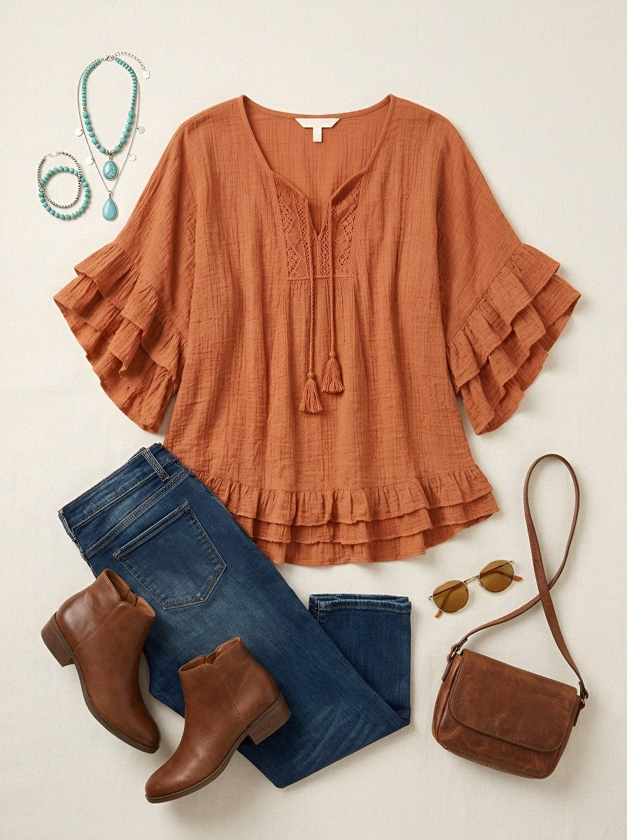 Women's Western Vintage Ruffle Lace-Trimmed Printed Top