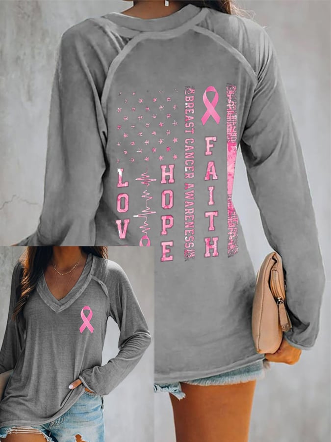 Women's Faith Hope Love Breast Cancer Awareness  Print Long Sleeve T-Shirt