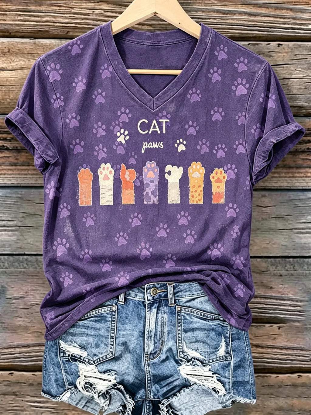 Women's Retro Bohemian Style Cat Paw Print Cotton Linen T-shirt