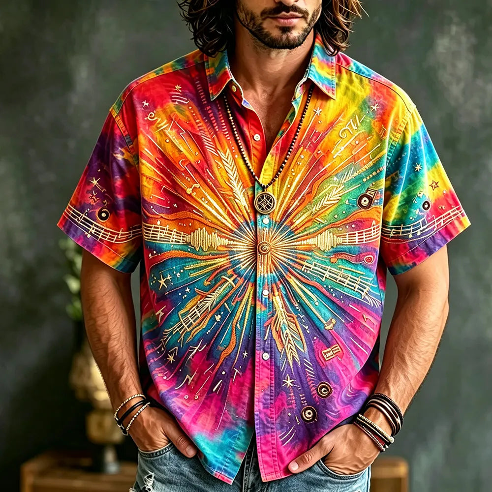Men's Bohemian-style Tie-dye Short-sleeved Button-down Shirt, Decorated With Musical Notes And A Rising Sun Pattern.