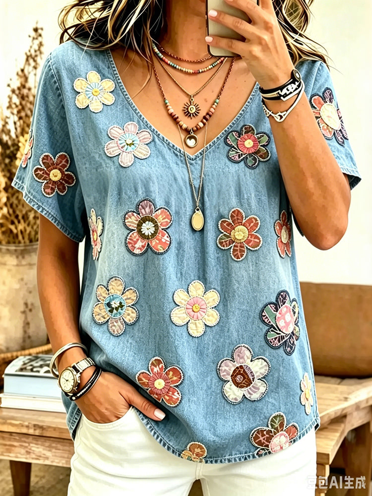 Women's Bohemian Vintage Floral Art Print Flowy Linen Blend Casual Tops
