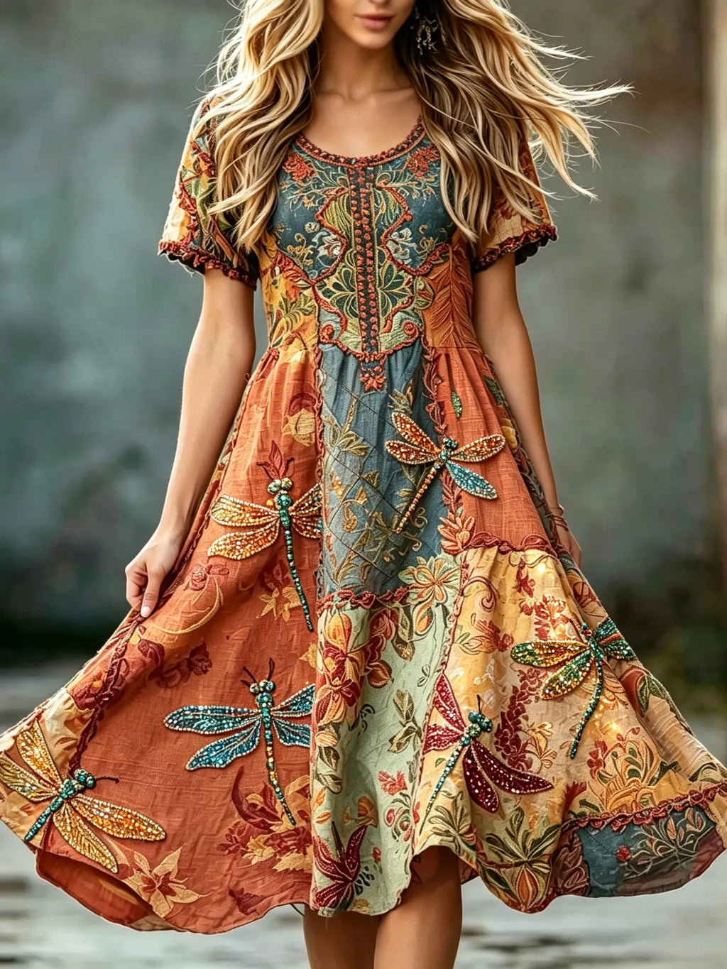 Women's Vintage Hippie Floral And Dragonfly Pattern Art Embroidered Linen Blend Midi Dress