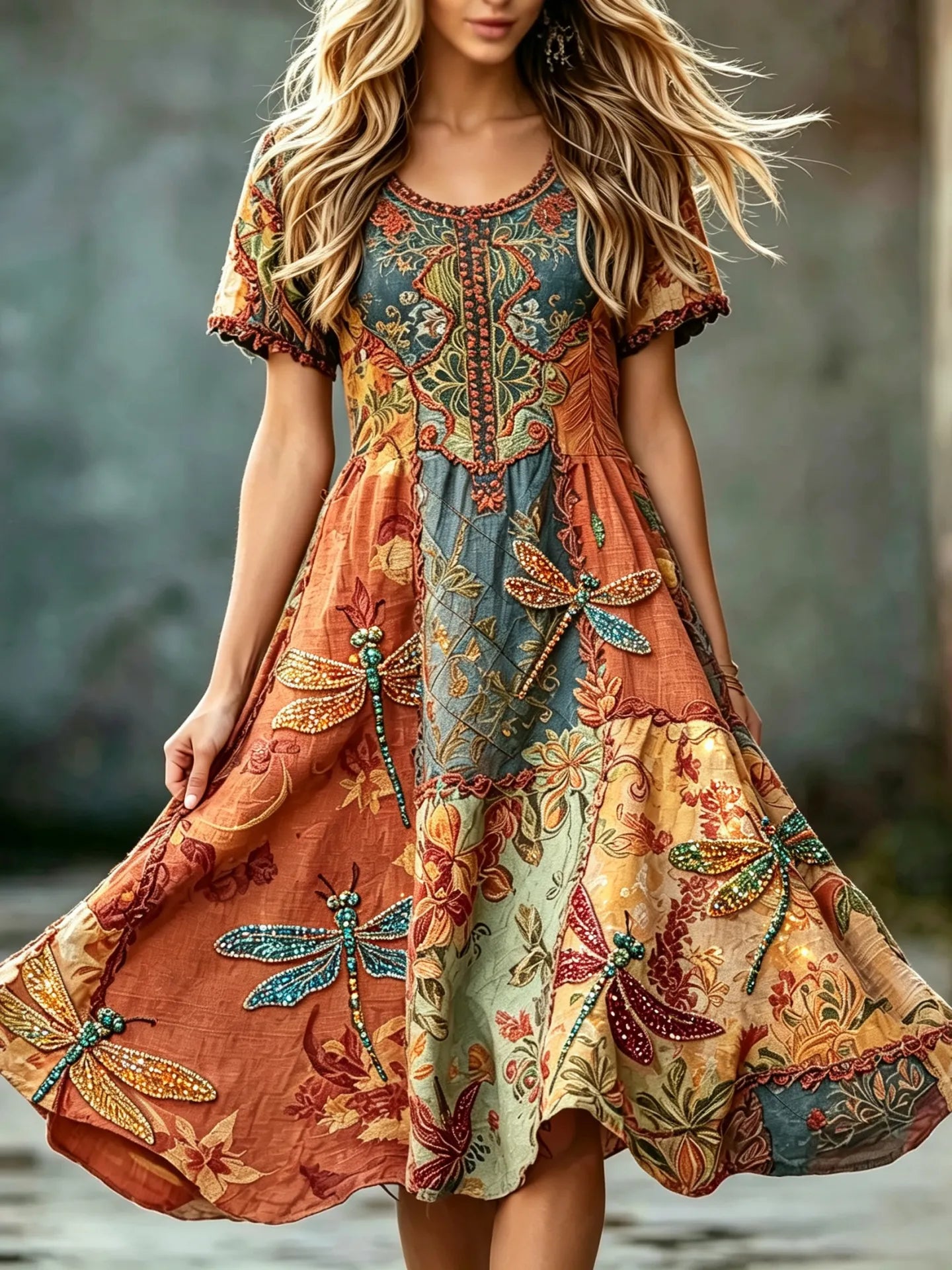 Women's Vintage Hippie Floral And Dragonfly Pattern Art Embroidered Linen Blend Midi Dress