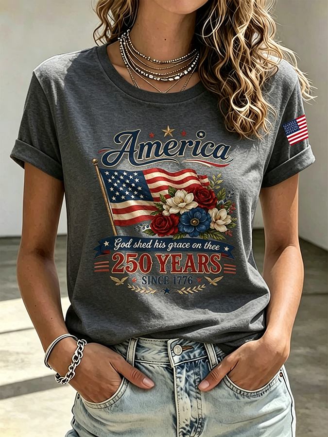 Ladies' Casual American 250Th Anniversary Floral Commemorative Round Neck Short Sleeved T-Shirt