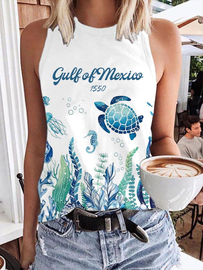 Women's Gulf Of Mexico Print Crew Neck Tank Top
