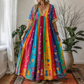 Women's Hippie Rainbow And Cat Pattern Linen Blend Maxi Dress