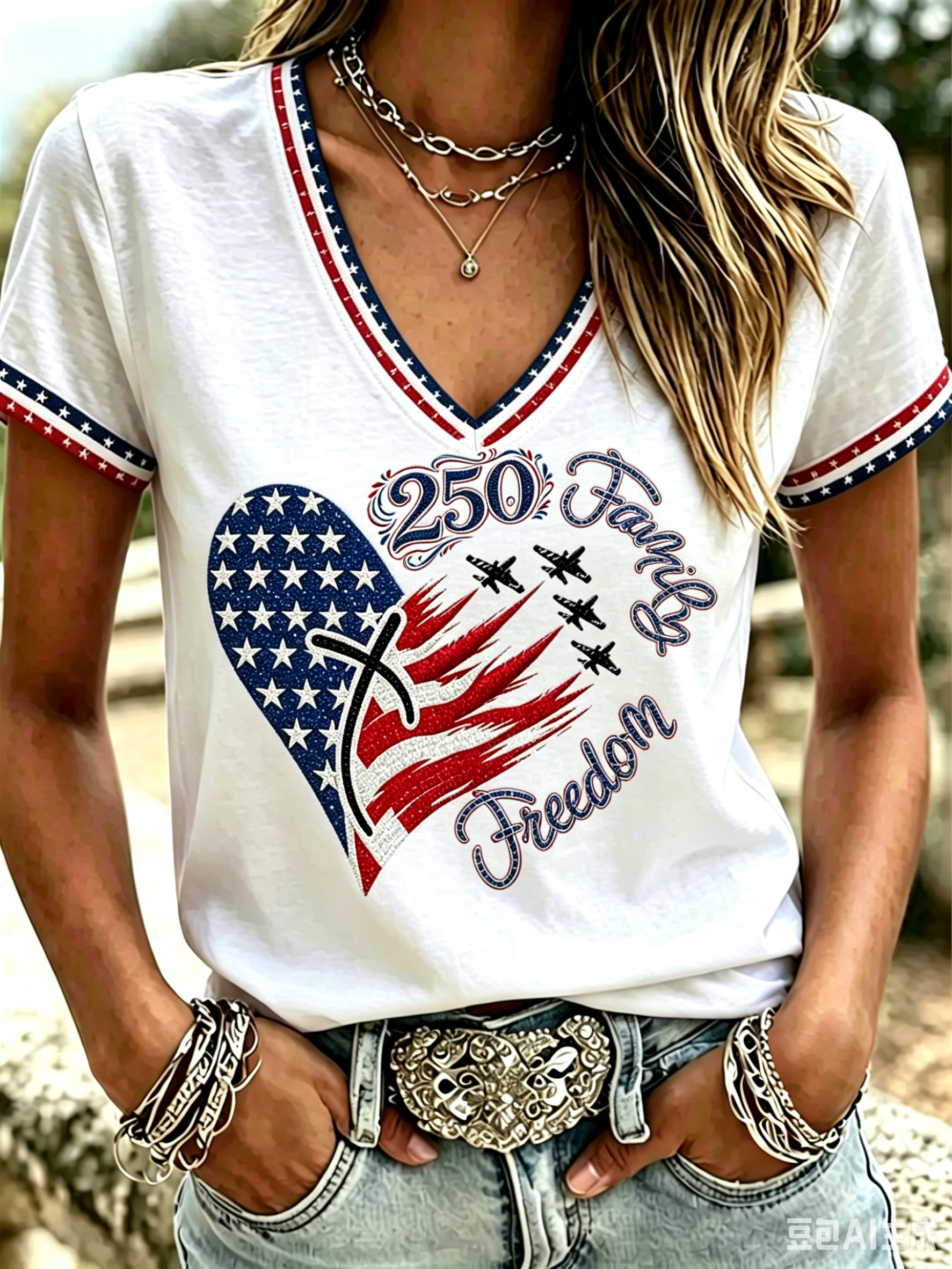 Women's Casual American 250 Celebration Printed V-Neck T-Shirt