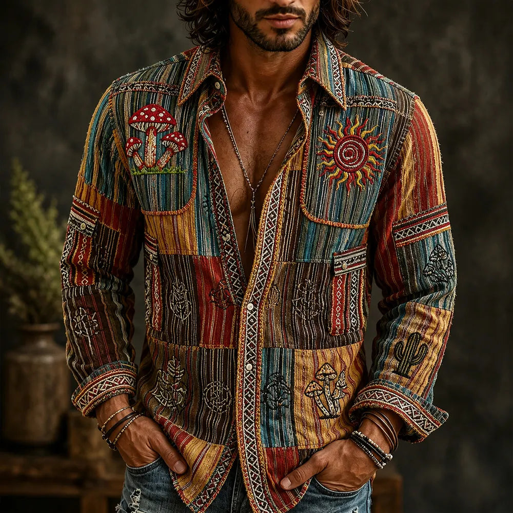 Men's Hippie Vintage Botanical Geometric Patchwork Cotton Linen Long-sleeved Shirt
