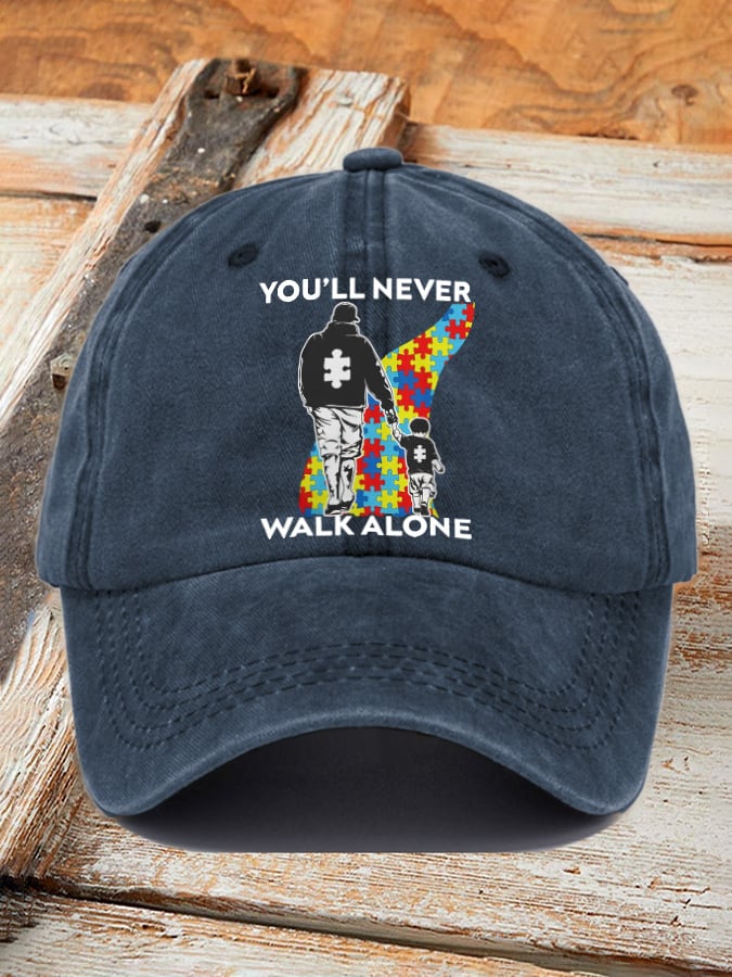 Retro Autism Awareness Dad And Son You'll Never Walk Alone Print Baseball Cap
