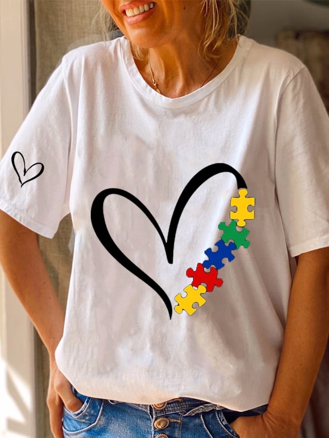 Women's Autism Heart Awareness Printed Casual T-Shirt