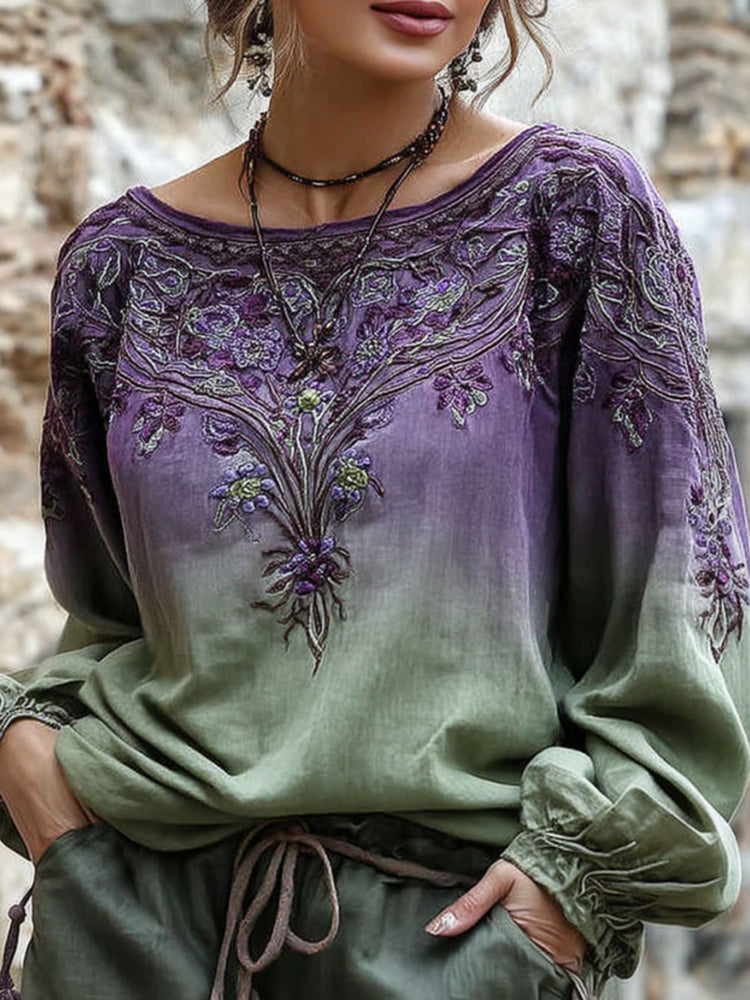 Women's Retro Floral Embroidery Casual Cotton Linen T-shirt
