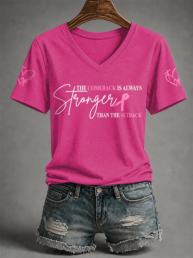 V-Neck Retro Breast Cancer Awareness Pink Ribbon The Comeback Is Always Stronger Than The Setback Print T-Shirt