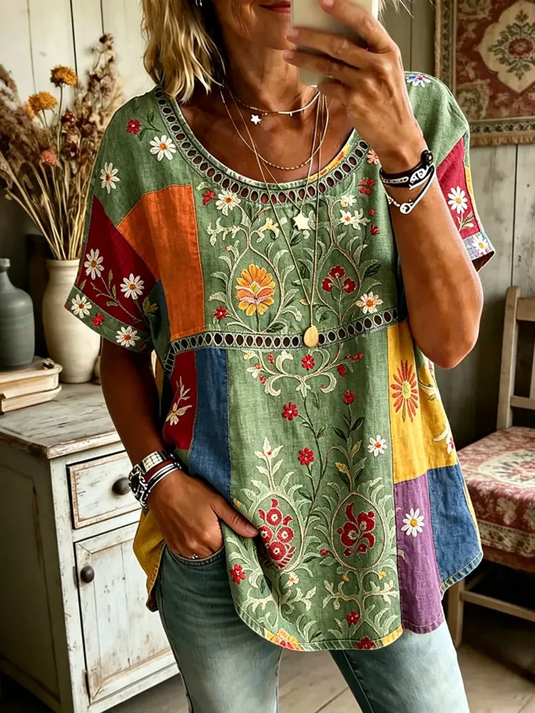 Women's Retro Hippie Floral Cotton Linen Short-sleeve Top