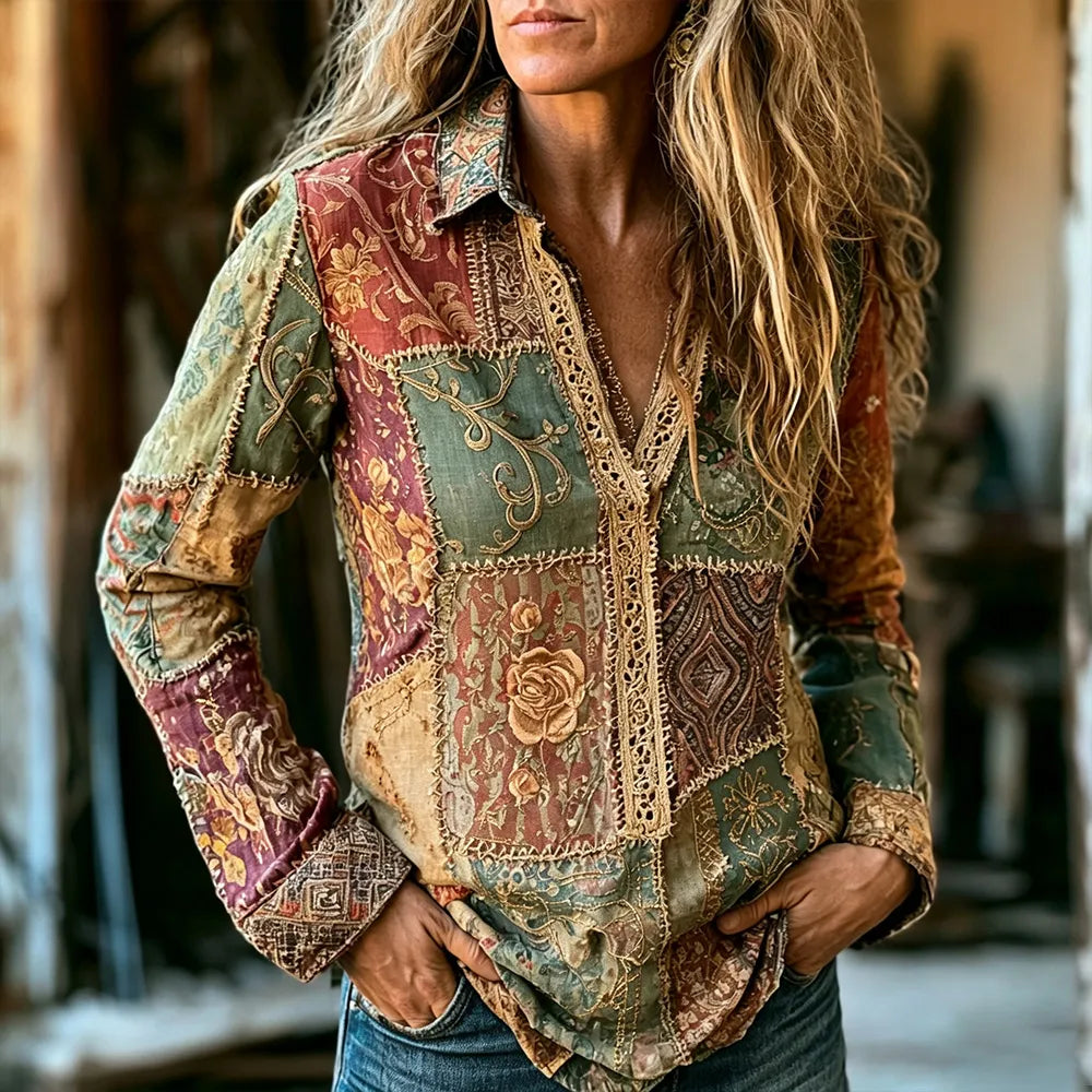 Vintage Floral Patchwork Embroidered Art Print Linen Blend Casual Shirt