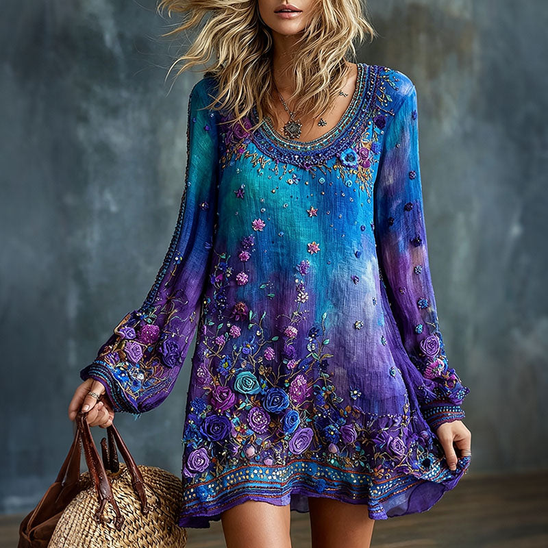 Women's Romantic Floral Art Linen Blend Dress