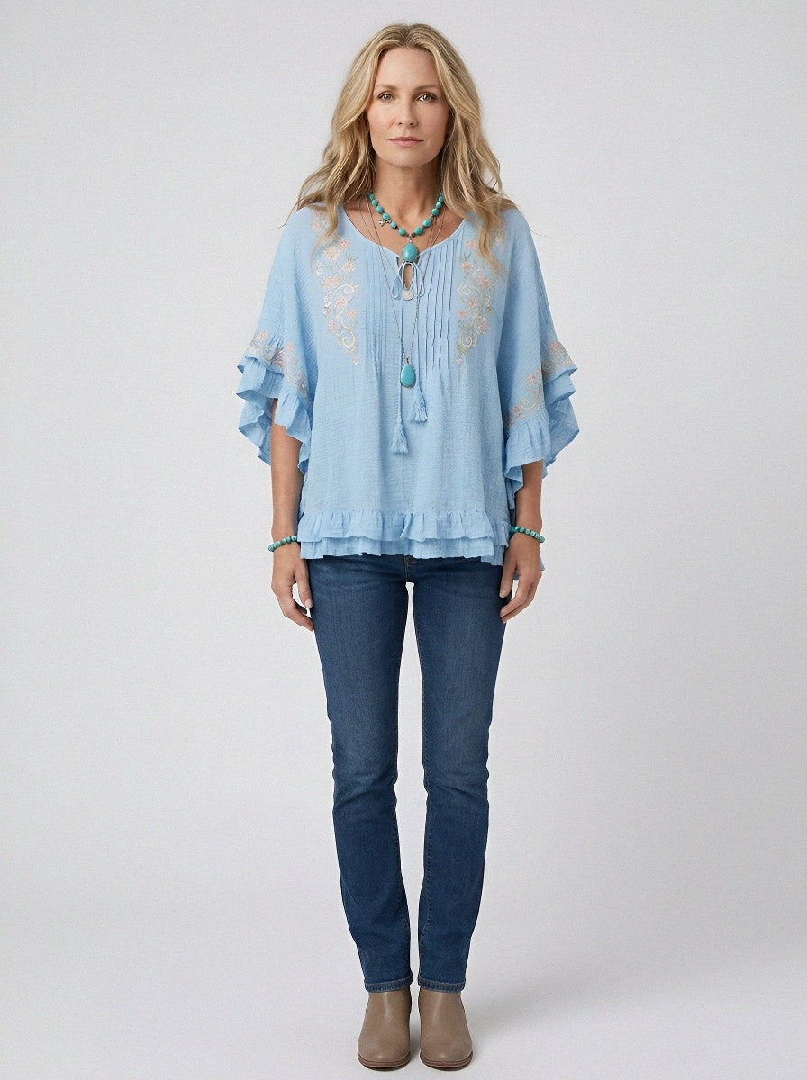 Women's Western Vintage Floral Embroidered Ruffle Sleeve Top