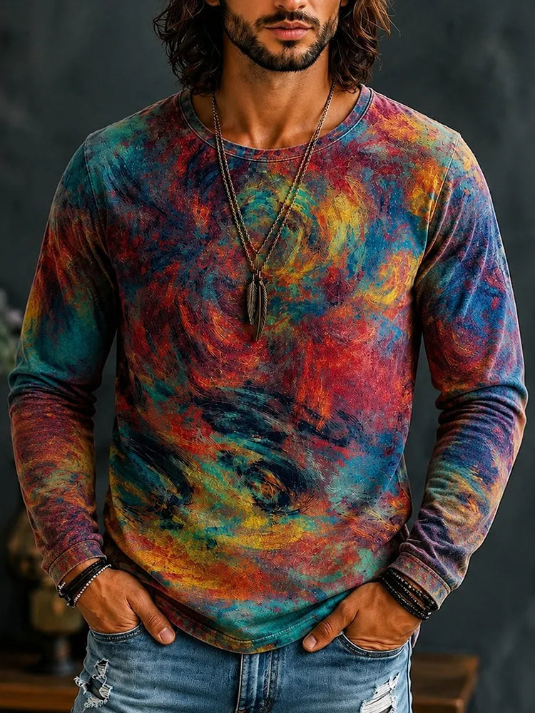 Men's Hippie Starry Sky Abstract Oil Painting Print Long Sleeve T-shirt