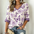 Women's Retro Floral Butterfly Print Linen Blend Casual V-neck Three-quarter Sleeve T-shirt