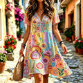Women's Floral Peace Symbol Embroidered V-neck Short-sleeve Linen Blend Dress