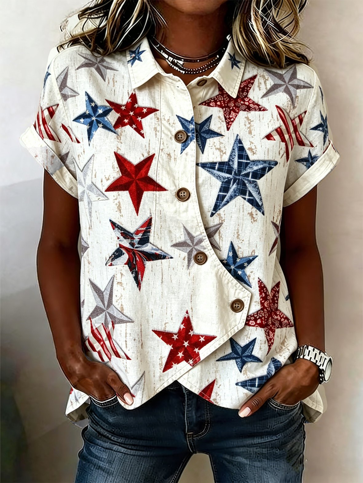Women's Casual Retro Cotton-Linen Patriotic Shirt