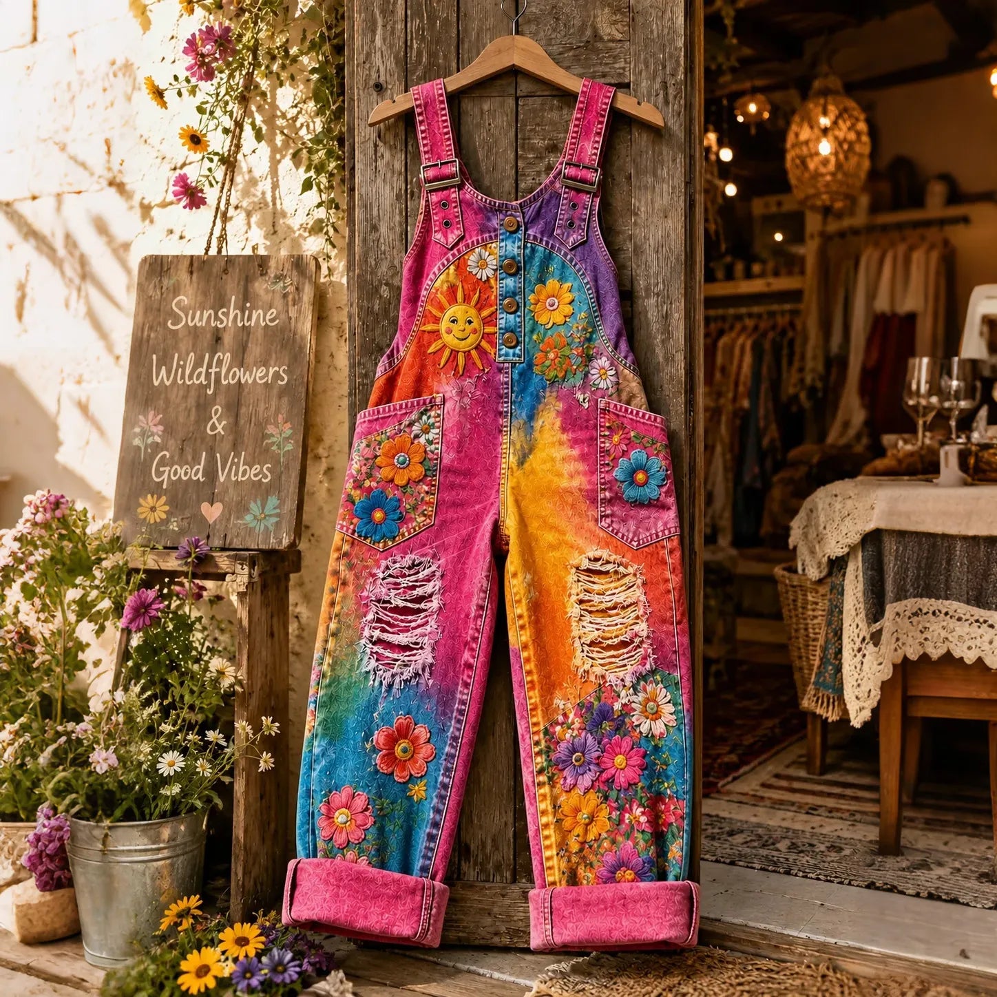 Women's Retro Tie-dye Floral Sun Casual Cotton Linen Overalls