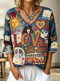 Vintage Hippie Love Sun Peace Bus V Neck Top