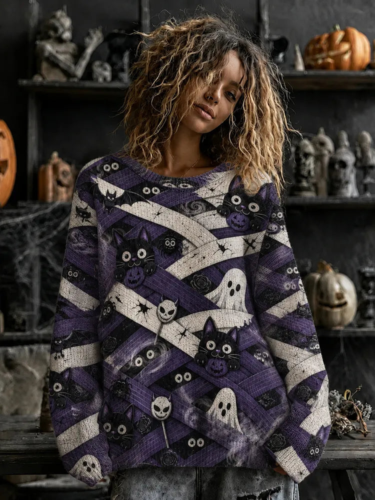 Women's Halloween Scary Pumpkin Face Cat Art Pattern Cozy Knit Sweater