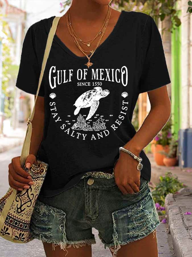 Women's Gulf Of Mexico Print V Neck Casual T-Shirt