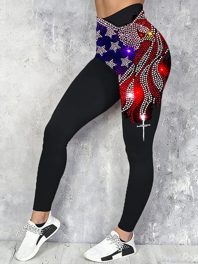 Women's casual retro flag-print leggings