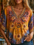 Women's Hippie Style Peace Symbol And Floral Art Tie-dye Cotton Linen Casual Short-sleeved Top
