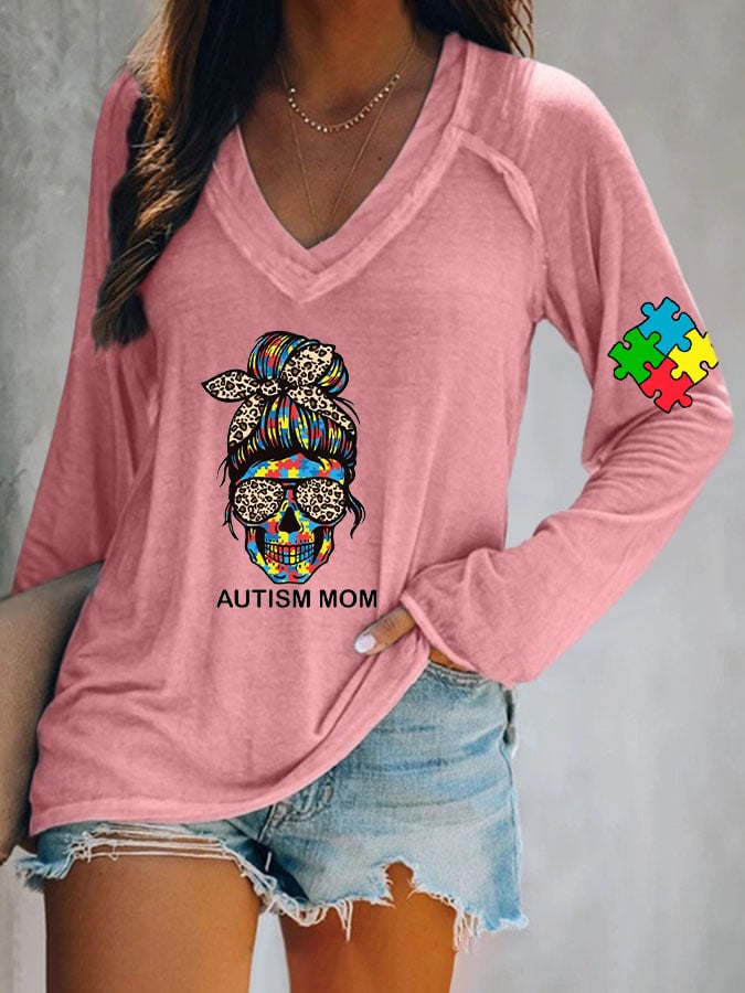 Women's Autism Mom Printed V Neck Long Sleeve T-Shirt