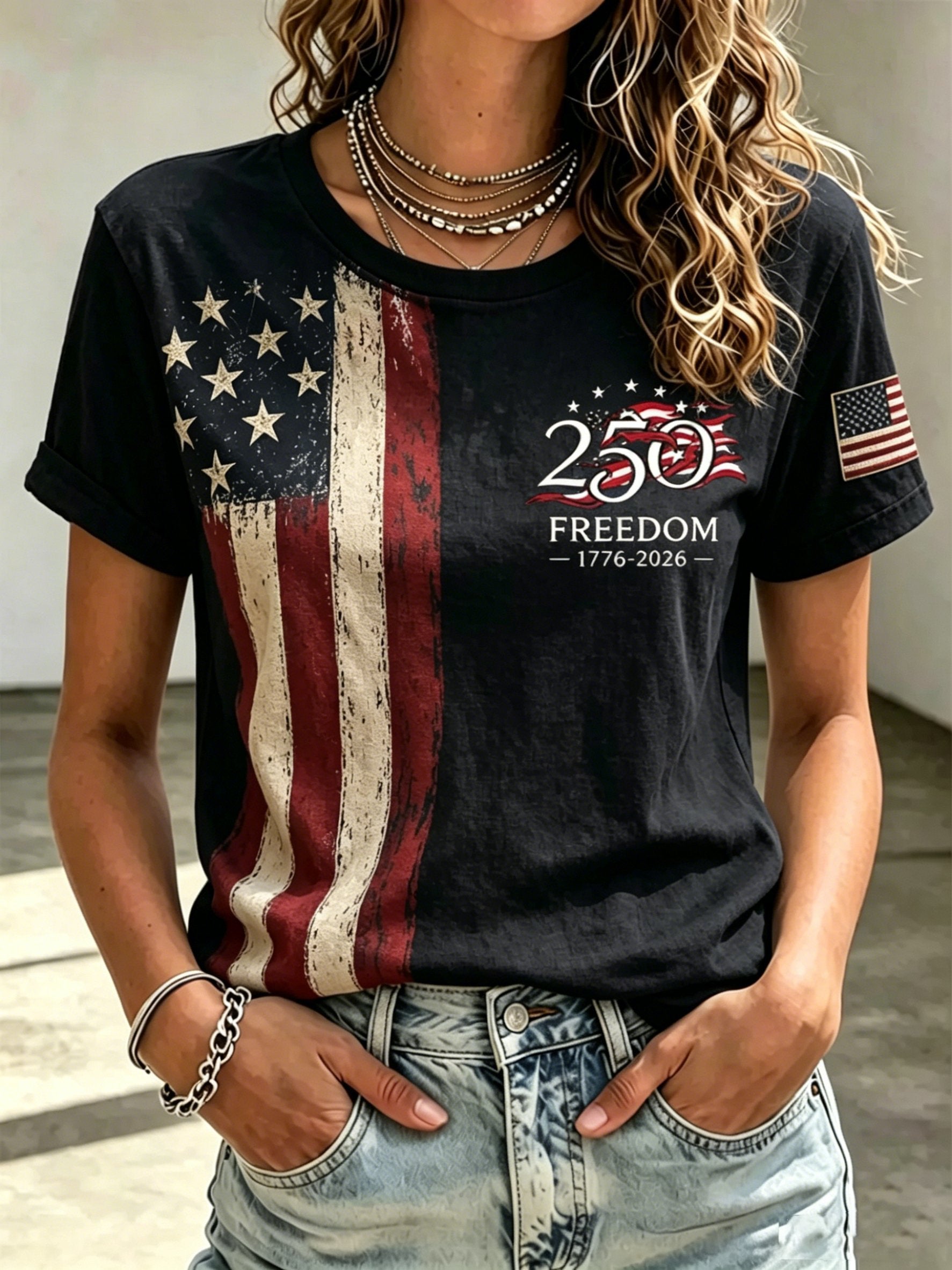 Women's America 250 1776-2026 Freedom Print V Neck T-shirt