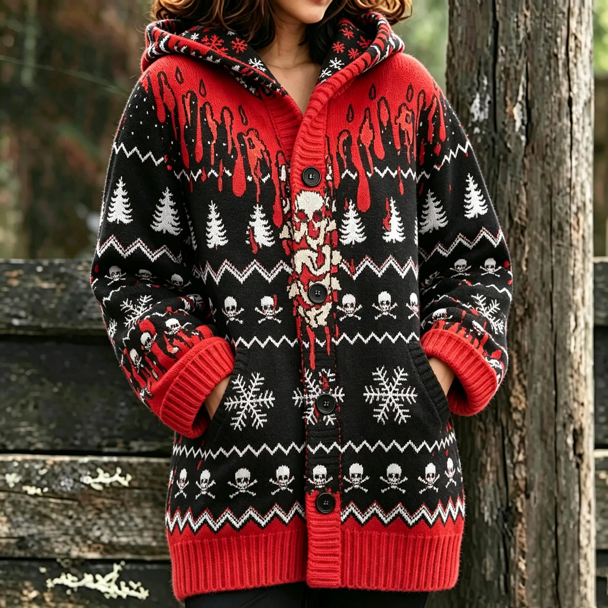 Women's Halloween Christmas Tree Bloodstain Snowflake Skull Print Hooded Cardigan Sweater