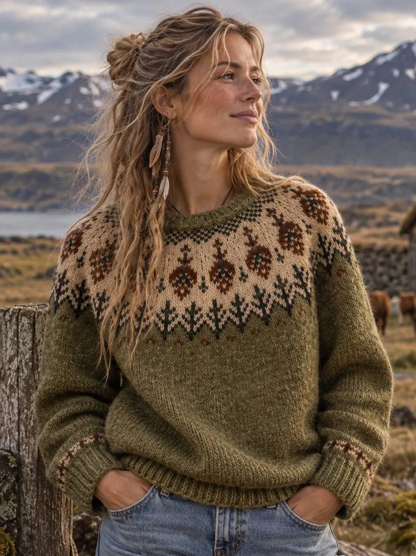 Women's Forest Motif Print Knitted Comfort Round Neck Sweater