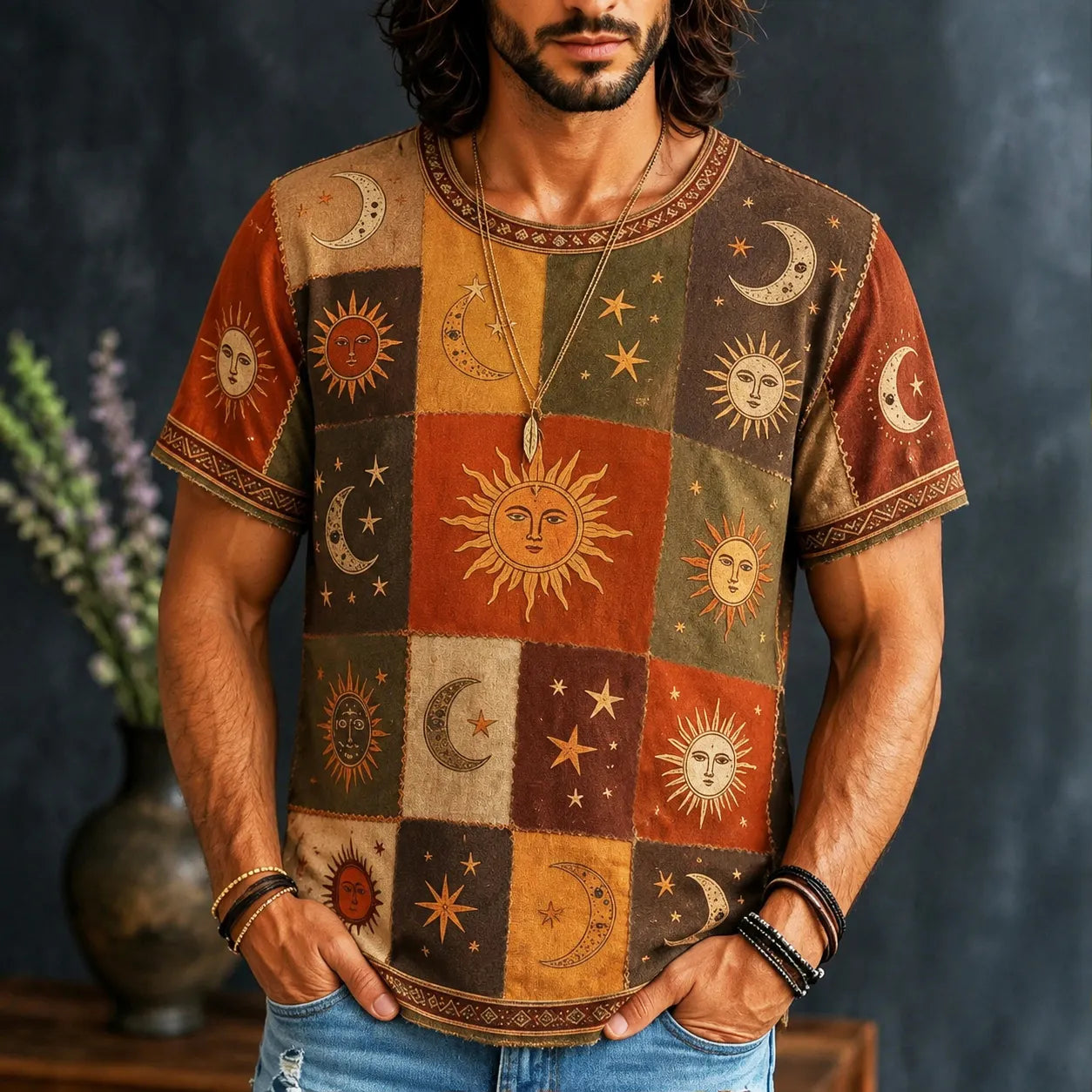 Men's Hippie Sun Moon Geometric Patchwork Print Short Sleeve T-shirt