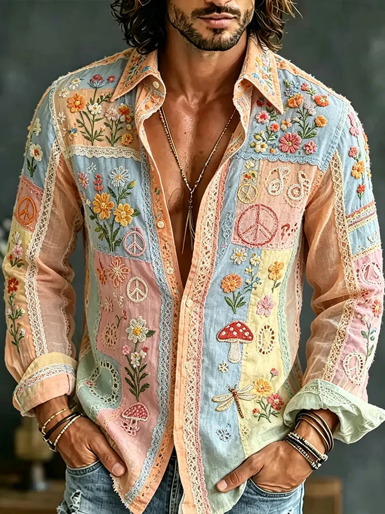 Men's Vintage Floral And Dragonfly Art Patchwork Cotton And Linen Casual Long-sleeved Shirt