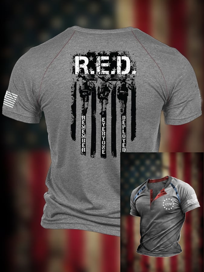 Men's RED Remember Everyone Deployed Henley Neck T-Shirt