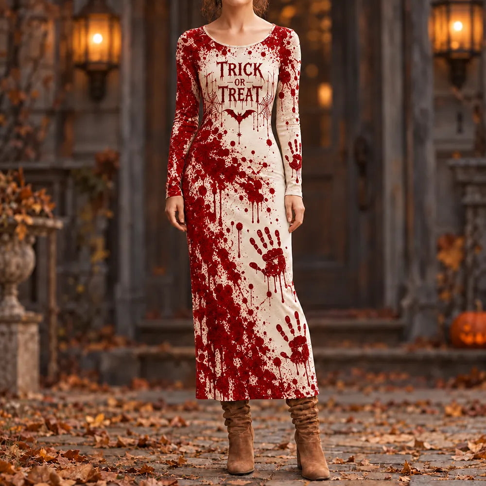Women's "trick Or Treat" Blood Splatter And Handprint Pattern Long-sleeve Maxi Dress