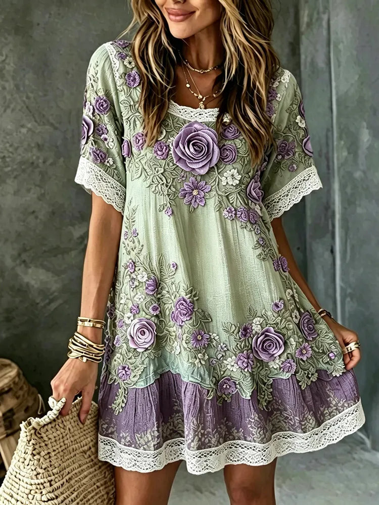 Women's Vintage Floral Art Embroidered Linen Blend Round Neck Mini Dress