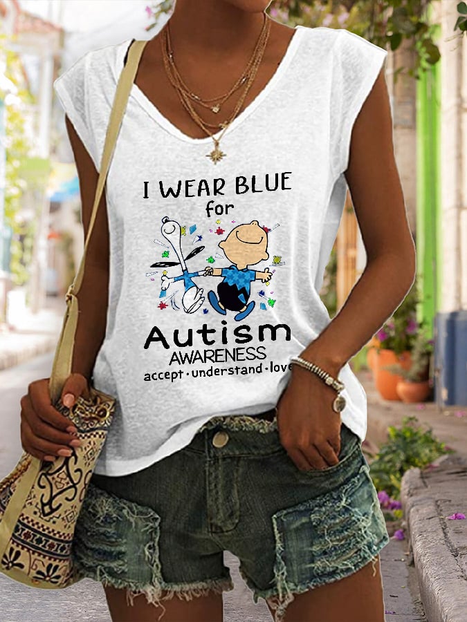 V Neck Autism Awareness I Wear Blue For Autism Print Tank Tops