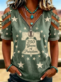 Women's Western 4th of July Liberty Bell Star Printed Cold Shoulder T-shirt
