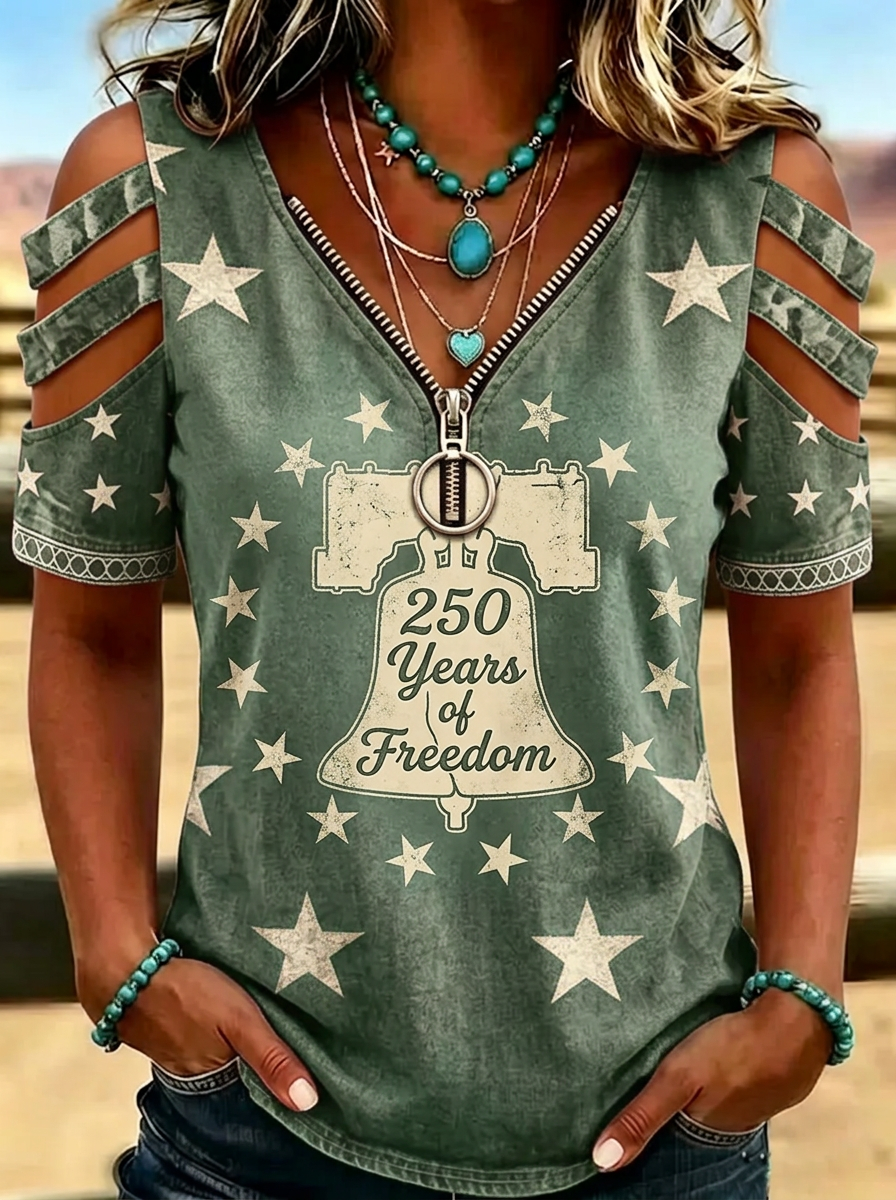 Women's Western 4th of July Liberty Bell Star Printed Cold Shoulder T-shirt