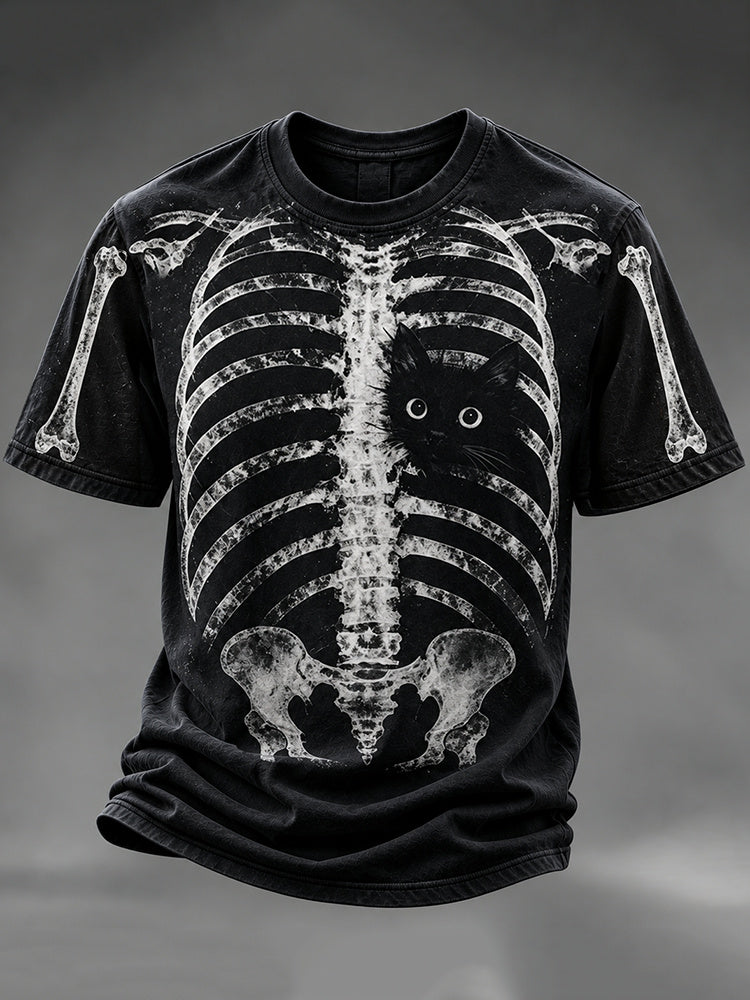 Men's Halloween Peeking Black Cat X-ray Rib Cage Print Short-sleeved T-shirt