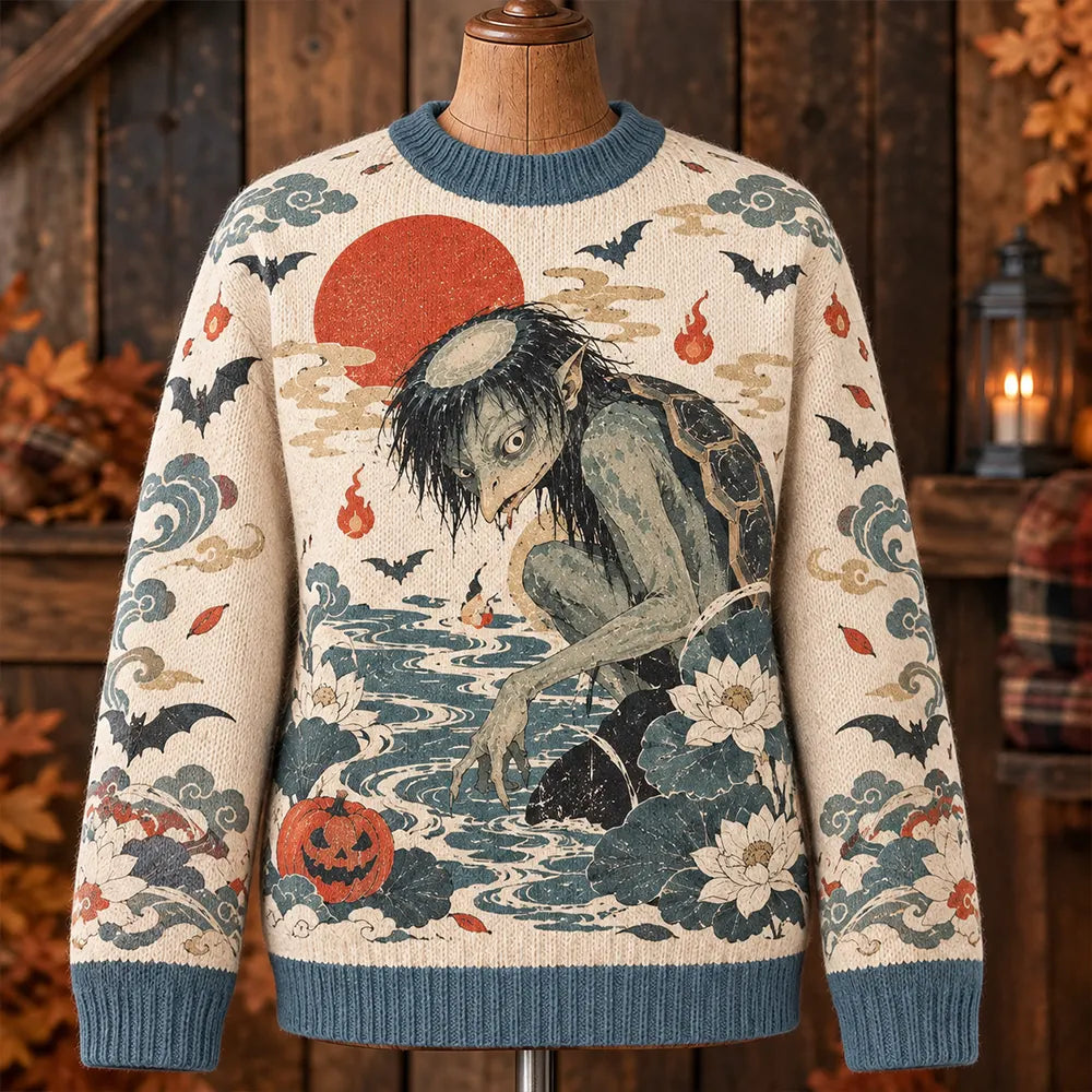 Men's Japanese Ukiyo-e Kappa Pumpkin Lotus Knitted Sweater